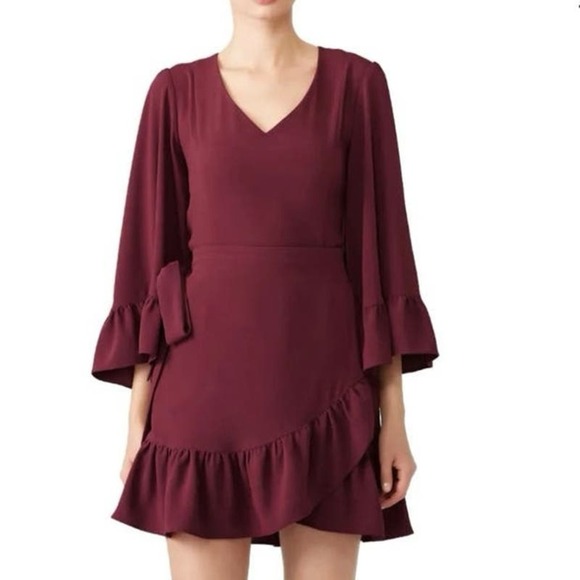 DREW Merlot Mai Drape Sleeve Mini Dress Faux Wrap-Front - Sz Small - Picture 1 of 6